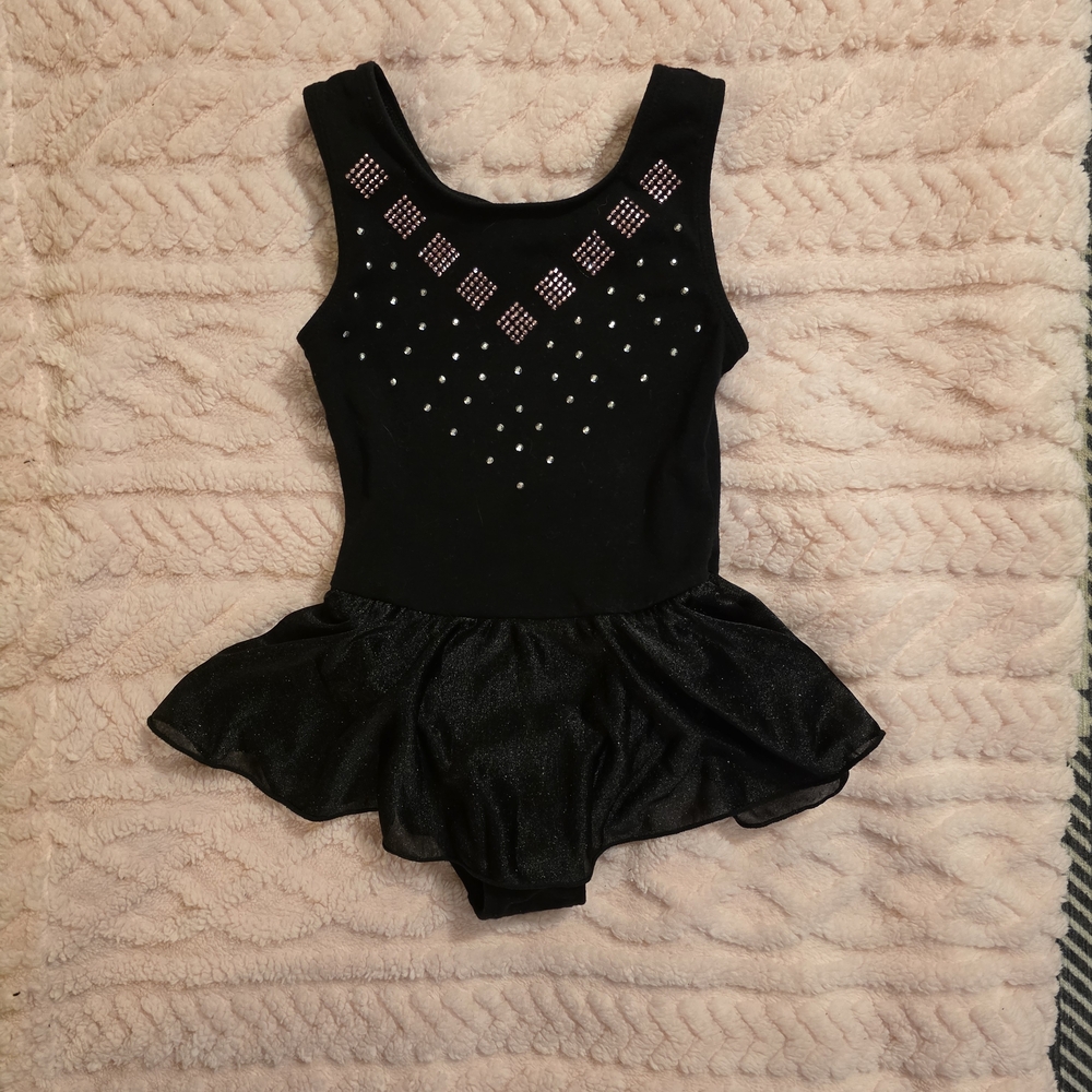 Jacques Moret Black Leotard with Rhinestones And Shimmering Skirt Size 4/5